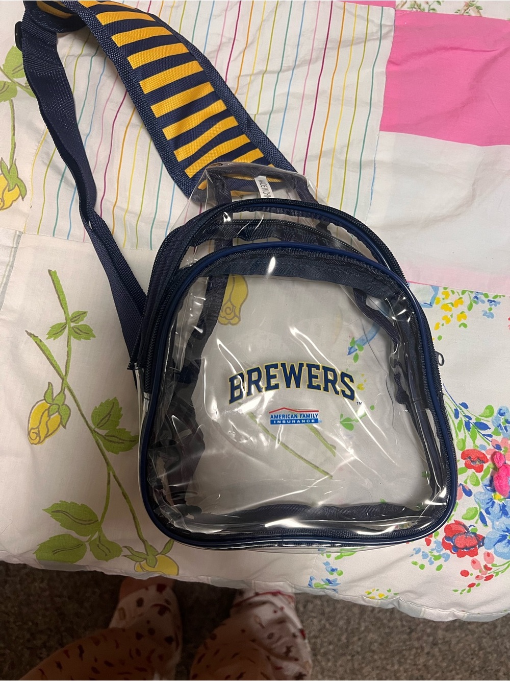 Clear Crossbody Bag with Navy and Yellow Strap